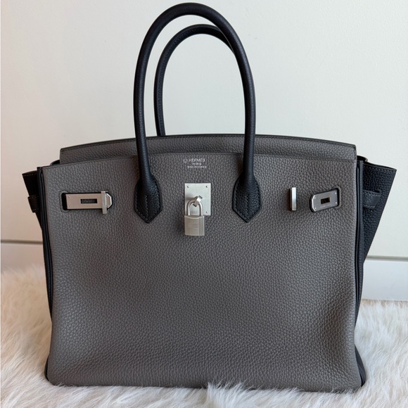 Hermes Handbags - Hermès B35 Togo Two-Tone Etain Black Birkin